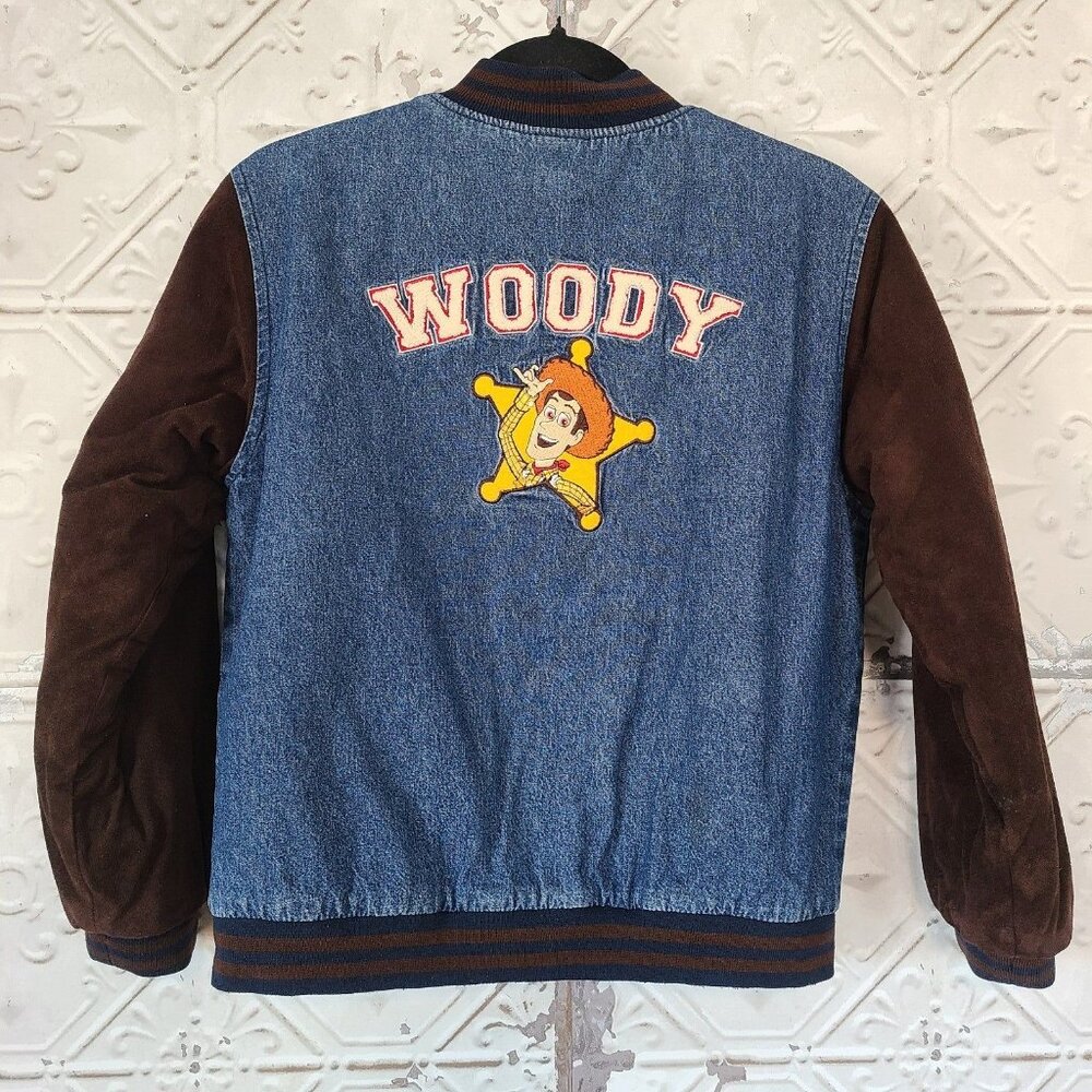 Vtg Disney Store Denim Varsity Jacket Toy Story Woody L Barn Chore Collegiate